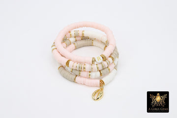 Initial Heishi Gold Stretchy Bracelet #698, Pink White Beige Clay Rondelle Flat Beaded Bracelets